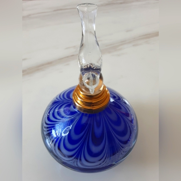 MURANO Art Glass Cobalt Blue White Perfume Bottle Clear Glass Bird Toppe… - Picture 2 of 14
